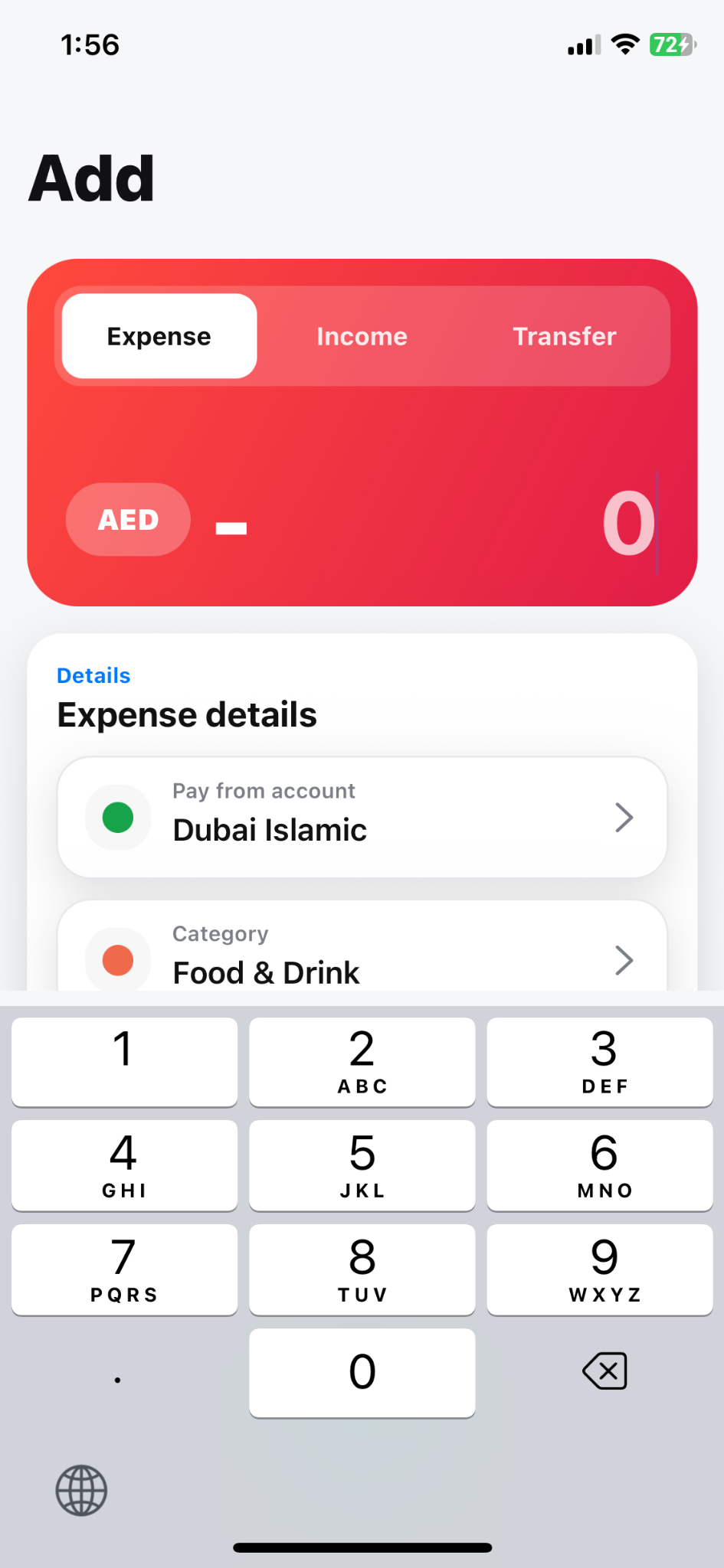 SpeakSpend add expense screen with amount and account details