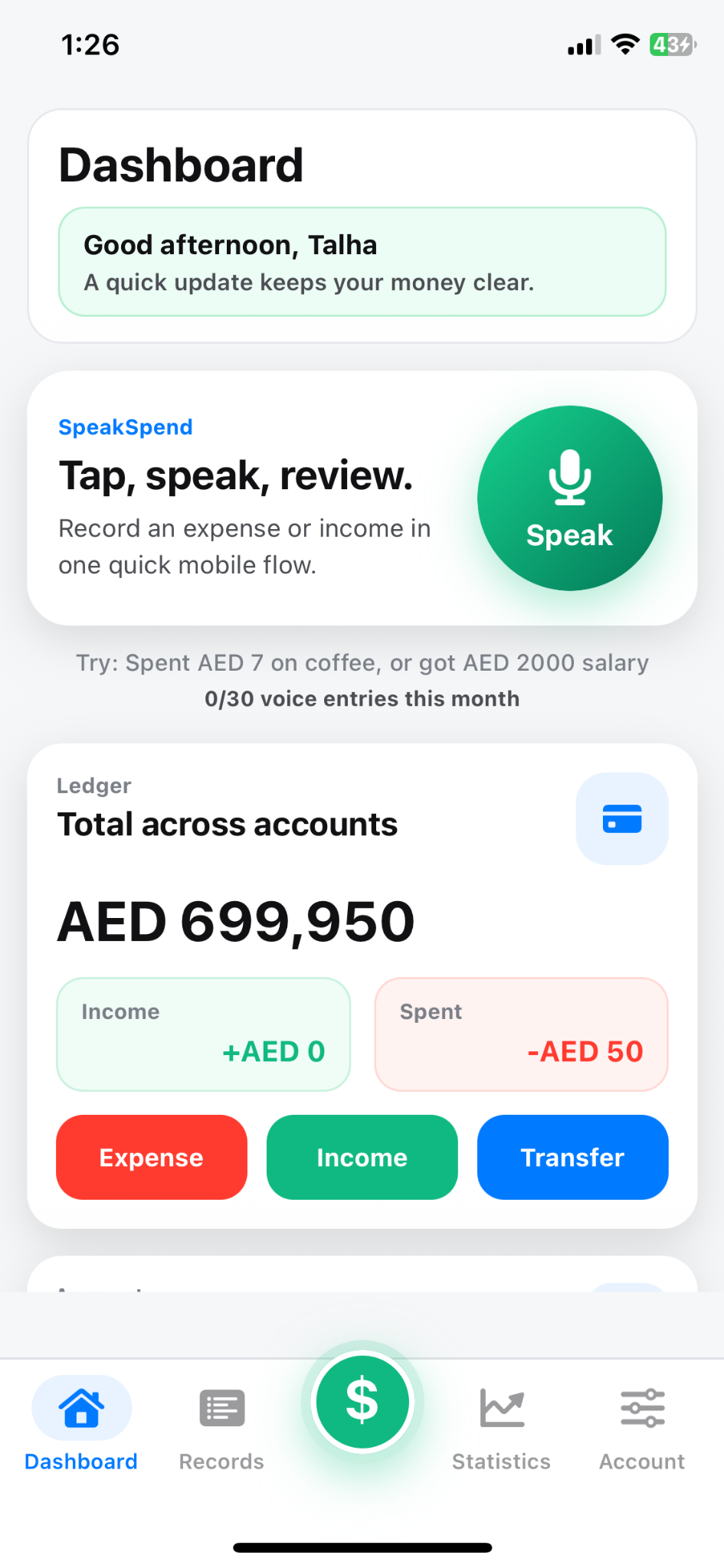 SpeakSpend dashboard with voice entry and account balance