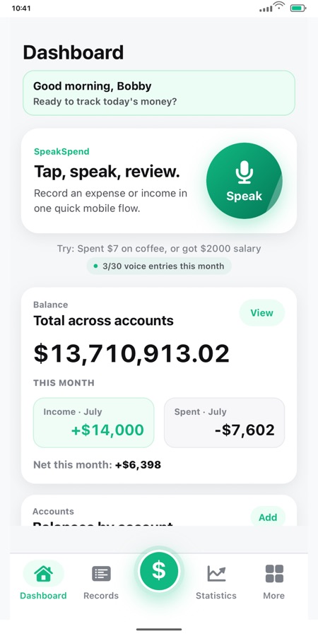 SpeakSpend dashboard with voice entry, total balance, monthly summary, and account cards